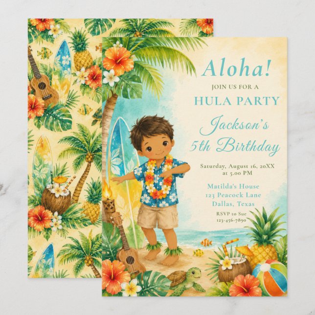 Invitación Fiesta de Cumpleaños de Hula (Anverso / Reverso)
