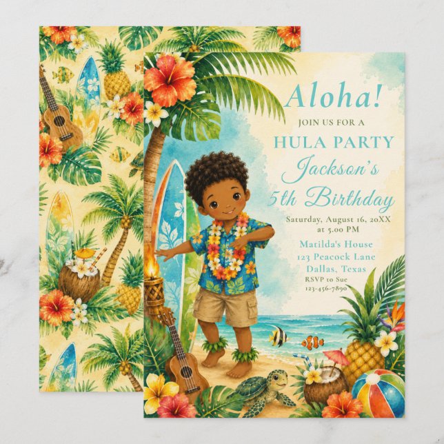 Invitación Fiesta de cumpleaños de hula (Anverso / Reverso)