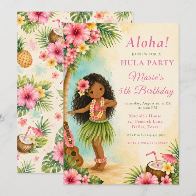 Invitación Fiesta de cumpleaños de hula (Anverso / Reverso)