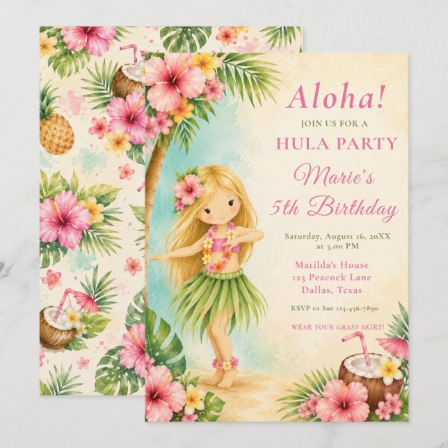 Invitación Fiesta de cumpleaños de hula (Anverso / Reverso)