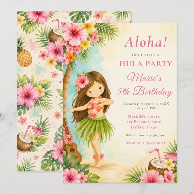Invitación Fiesta de cumpleaños de hula (Anverso / Reverso)