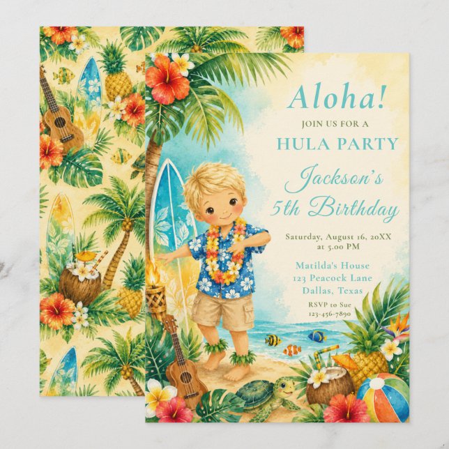 Invitación Fiesta de Cumpleaños de Hula (Anverso / Reverso)