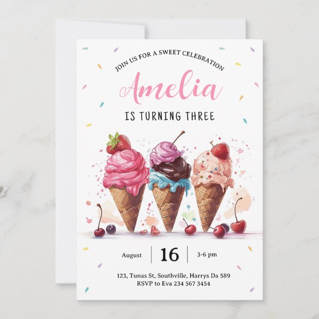 Invitación Fiesta de cumpleaños de Ice Cream (Anverso)