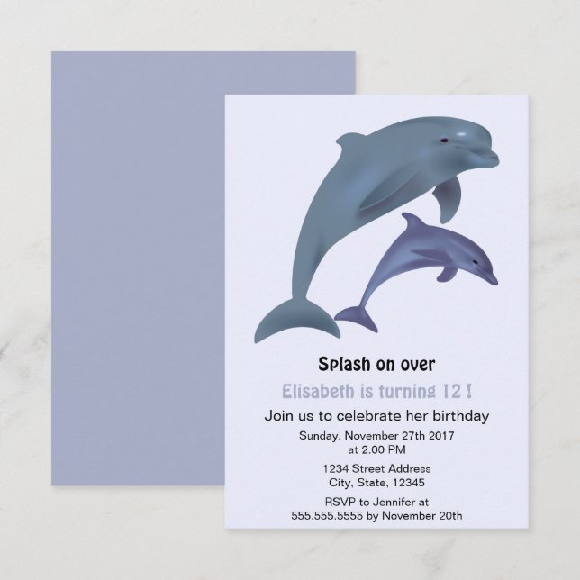 Invitación Fiesta de cumpleaños de ilustracion de delfines en (Anverso / Reverso)