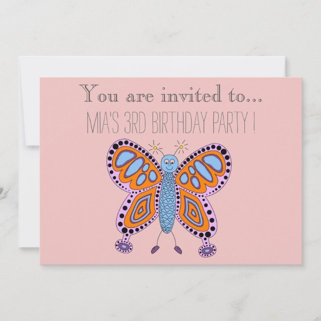 Invitación fiesta de cumpleaños de infantes de mariposa perso (Anverso)