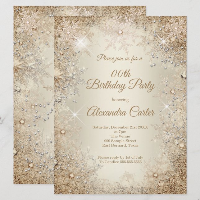 Invitación Fiesta de Cumpleaños de Invierno Beige Crema Dorad (Anverso / Reverso)