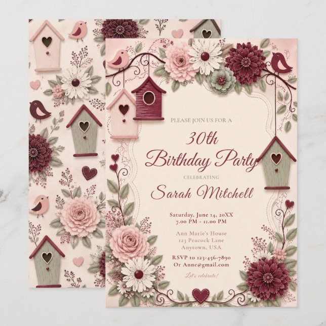 Invitación Fiesta de cumpleaños de invierno Burgundy Blush (Anverso / Reverso)