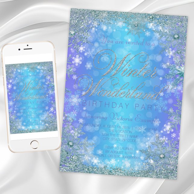 Invitación Fiesta de cumpleaños de invierno congelado mágico (Frozen Winter Wonderland Birthday Party Invitation. Download and printed invitations available.)