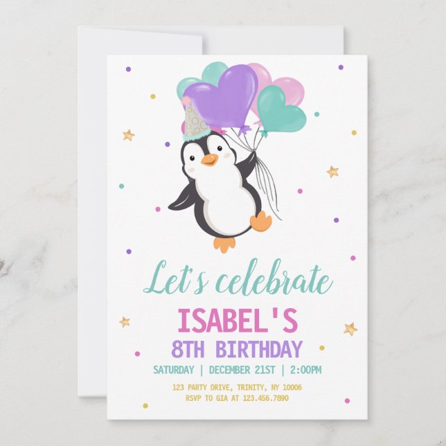 Invitación Fiesta de cumpleaños de invierno de Penguin chica (Anverso)