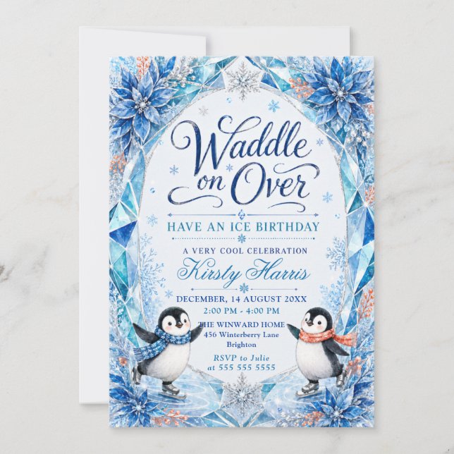 Invitación Fiesta de cumpleaños de invierno de pingüino (Anverso)