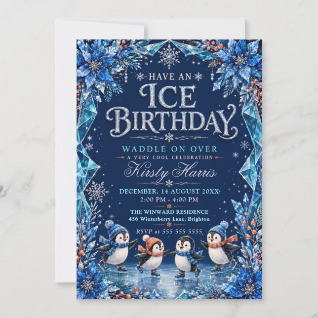 Invitación Fiesta de cumpleaños de invierno de pingüino (Anverso)