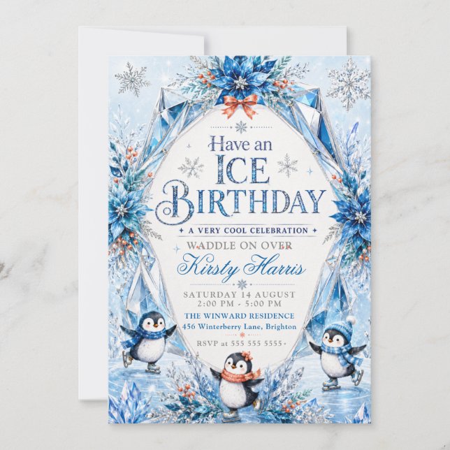 Invitación Fiesta de cumpleaños de invierno de pingüino (Anverso)