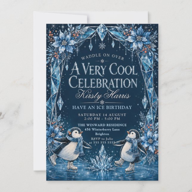 Invitación Fiesta de cumpleaños de invierno de pingüino (Anverso)