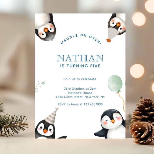 Invitación Fiesta de cumpleaños de invierno de pingüino minim (winter wonderland birthday, penguin birthday invitation, winter forest mountain, winter birthday, ru)