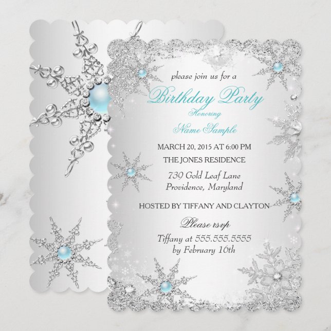 Invitación Fiesta de cumpleaños de invierno en turquesa (Anverso / Reverso)