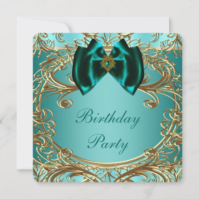 Invitación Fiesta de cumpleaños de jade azul turquesa y oro (Anverso)