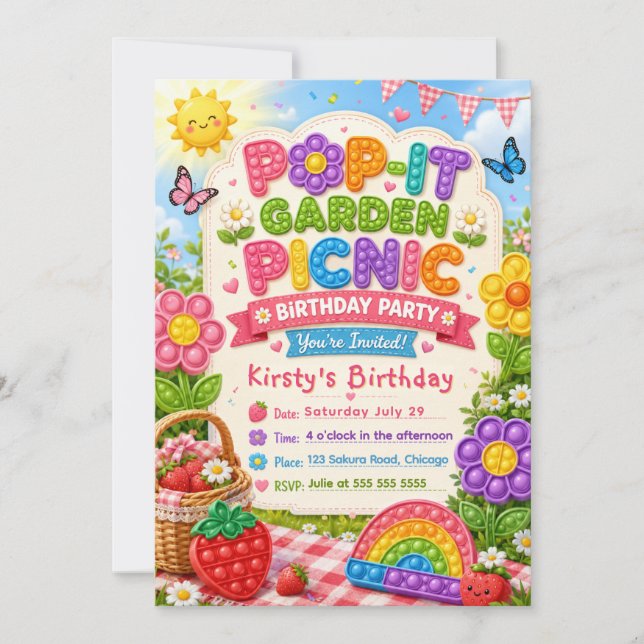 Invitación Fiesta de cumpleaños de jardín de Pop It de verano (Anverso)