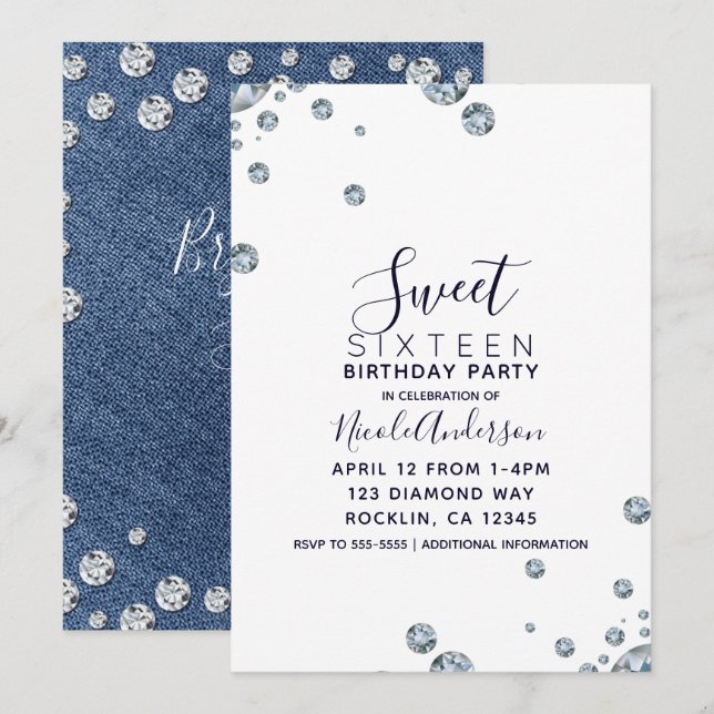 Invitación Fiesta de Cumpleaños de Jean Denim & Diamonds Dulc (Anverso / Reverso)