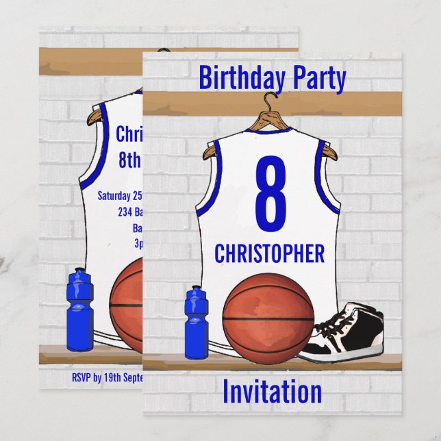 Invitación Fiesta de cumpleaños de Jersey de Baloncesto Blanc (Anverso / Reverso)