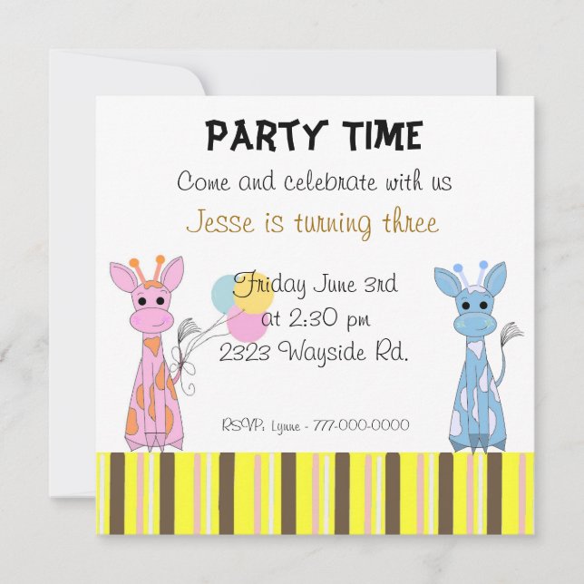 Invitación Fiesta de Cumpleaños de Jirafas Caprichosas (Anverso)
