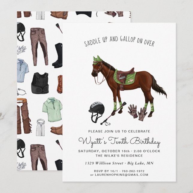 Invitación Fiesta de cumpleaños de jockey sobre caballos de b (Anverso / Reverso)