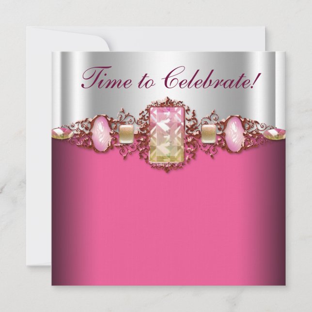 Invitación Fiesta de cumpleaños de joyas rosa caliente oro (Anverso)