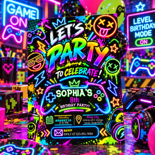 Invitación Fiesta de Cumpleaños de Juegos con Grafiti de Neón