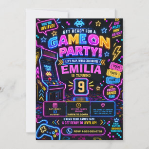 Invitación Fiesta de cumpleaños de juegos de arcade Neon