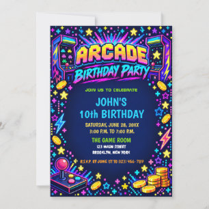 Invitación Fiesta de Cumpleaños de Juegos de Arcade Retro Neo