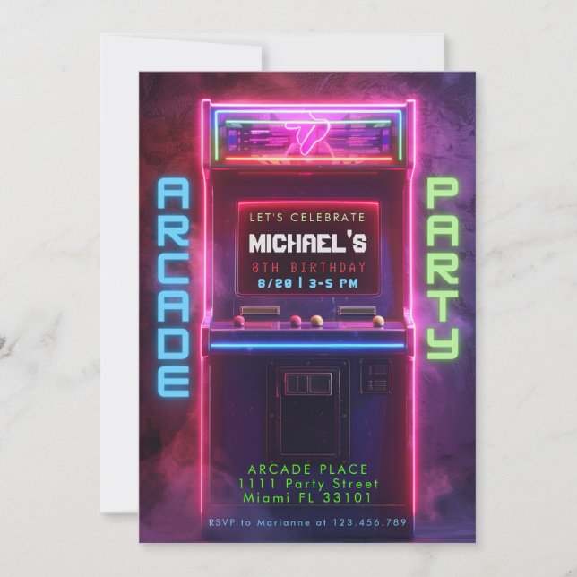 Invitación Fiesta de Cumpleaños de Juegos de Arcade Retro Neo (Anverso)