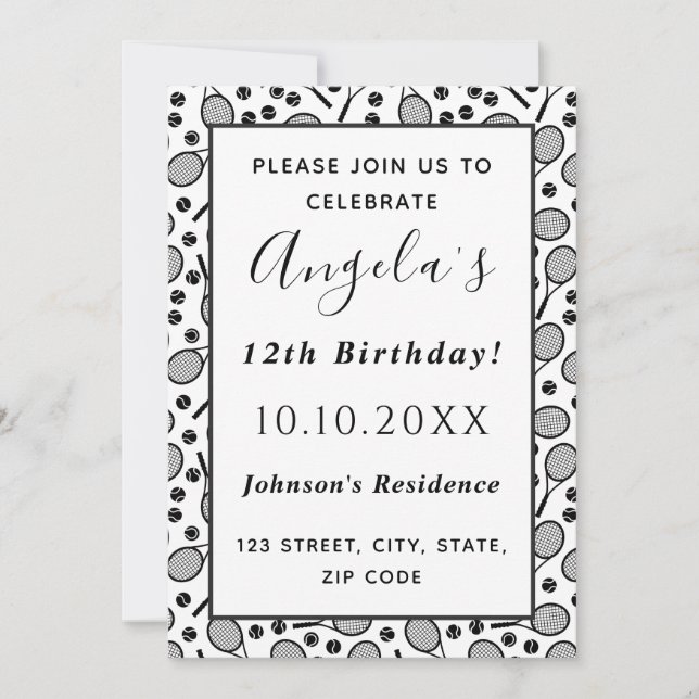 Invitación Fiesta de cumpleaños de jugador de tenis con raque (Anverso)