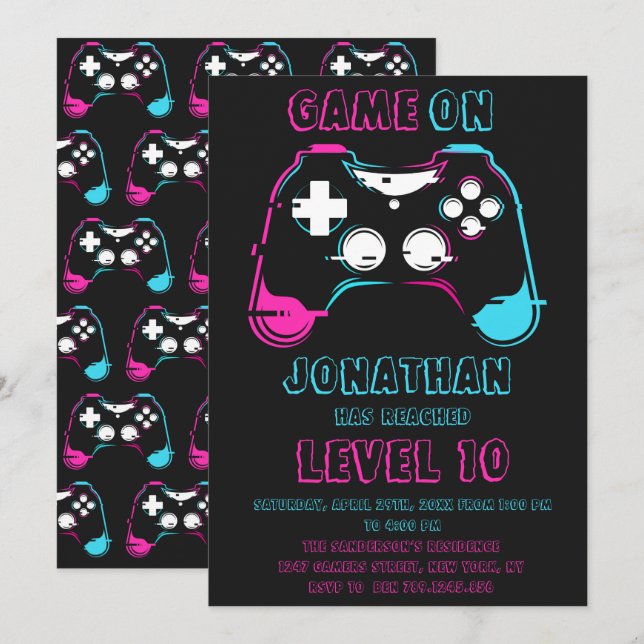 Invitación Fiesta de Cumpleaños de Jugador de Videojuegos Sub (Anverso / Reverso)
