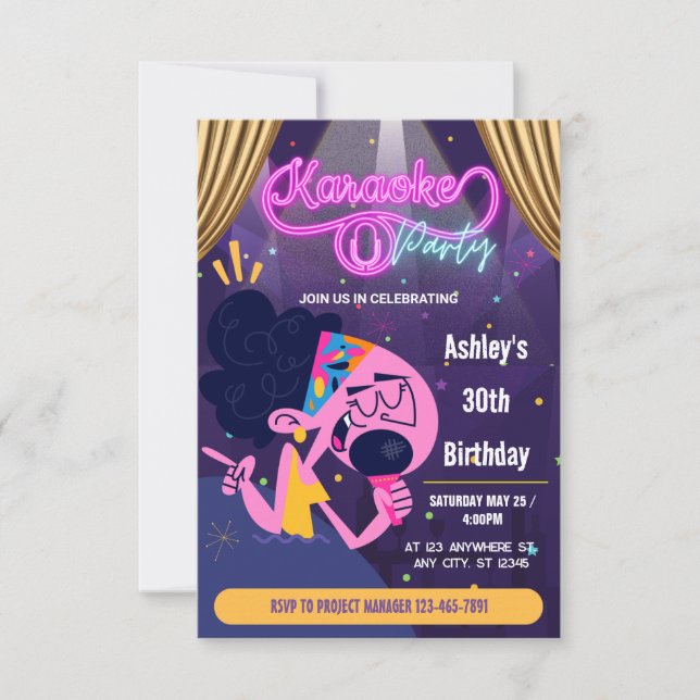 Invitación fiesta de cumpleaños de karaoke (Anverso)