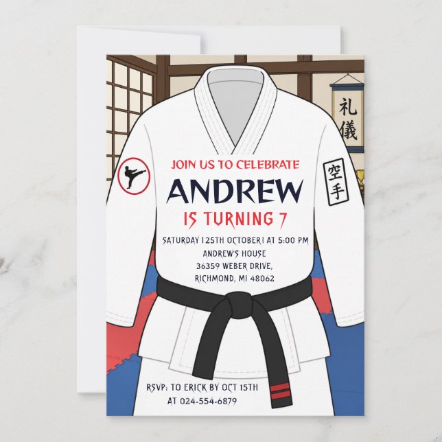 Invitación Fiesta de cumpleaños de Karate personalizada (Anverso)