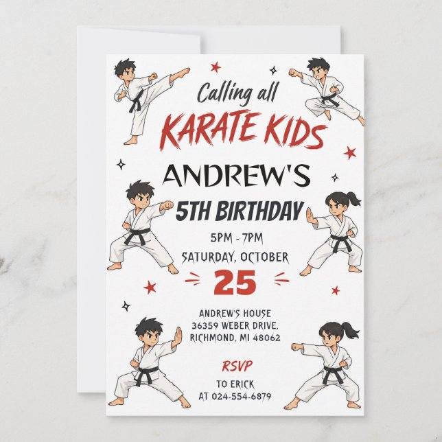 Invitación Fiesta de cumpleaños de Karate personalizada (Anverso)