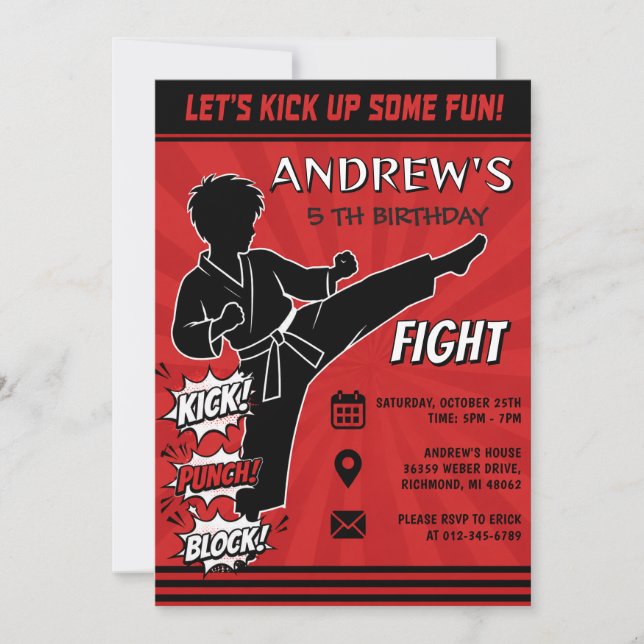 Invitación Fiesta de cumpleaños de karate personalizada (Anverso)