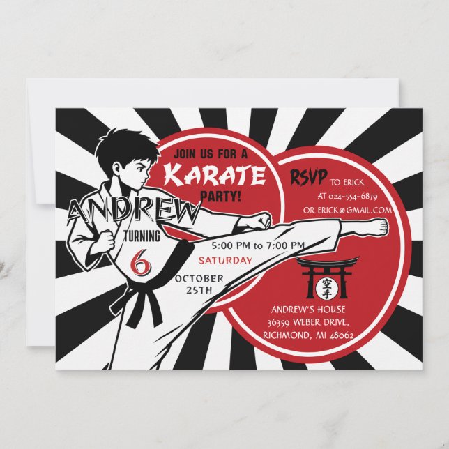 Invitación Fiesta de cumpleaños de karate personalizada para  (Anverso)