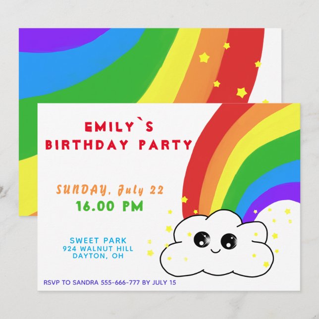 Invitación Fiesta de cumpleaños de Kawai en la nube arcoiris (Anverso / Reverso)