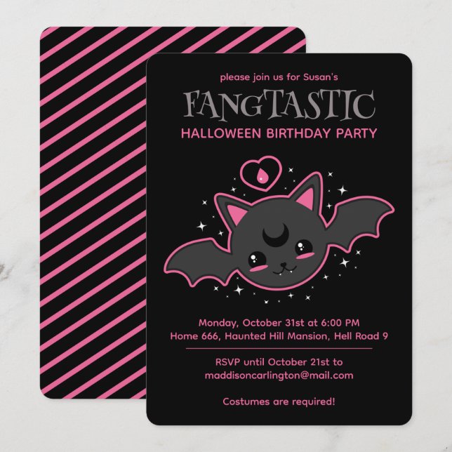 Invitación Fiesta de cumpleaños de Kawaii Bat Halloween (Anverso / Reverso)