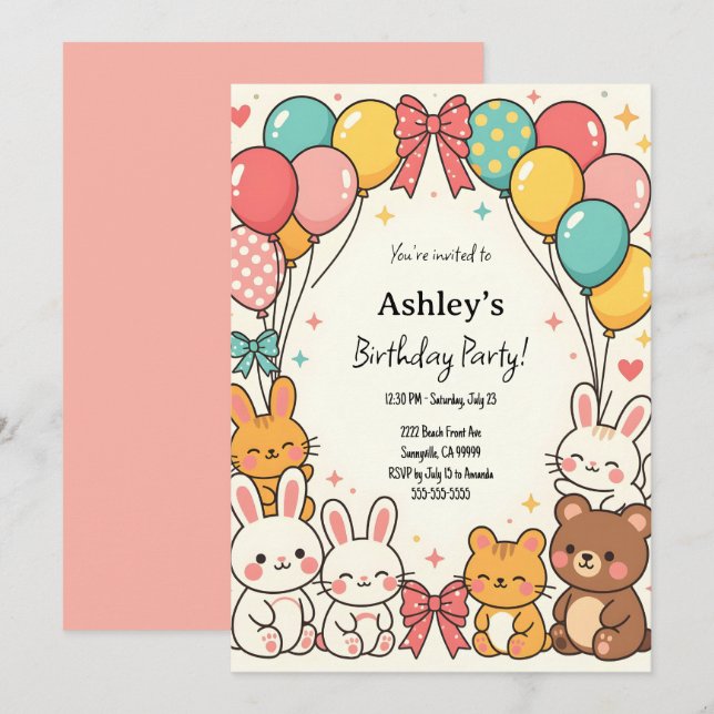 Invitación Fiesta de cumpleaños de Kawaii para un chico lindo (Anverso / Reverso)