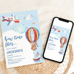 Invitación Fiesta de Cumpleaños de Kids Vintage Aviation Wate<br><div class="desc">Prepárate para lanzarse a la fiesta de cumpleaños del año con nuestras invitaciones para fiestas relacionadas con la aviación. Con un suave fondo de color azul, estas invitaciones están adornadas con un avión lúdico rojo, blanco y azul y un globo de aire caliente, que se alza contra un cielo escrito...</div>