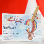 Invitación Fiesta de Cumpleaños de Kids Vintage Aviation Wate<br><div class="desc">Invitación a una fiesta temática sobre aviación, con fondo de color azul, un avión rojo, blanco y azul y un globo de aire caliente, con nubes y estrellas. La invitación también tiene una plantilla de invitación de fiesta de cumpleaños fácil de personalizar, los estilos de fuente, tamaños y colores se...</div>