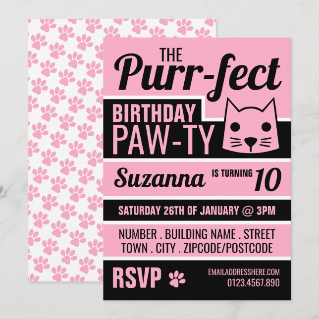 Invitación Fiesta de cumpleaños de Kitten Rosado (Anverso / Reverso)