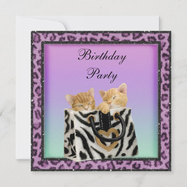 Invitación Fiesta de cumpleaños de Kittens y Purple Leopardo (Anverso)