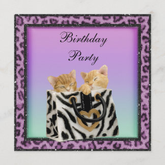 Invitación Fiesta de cumpleaños de Kittens y Purple Leopardo