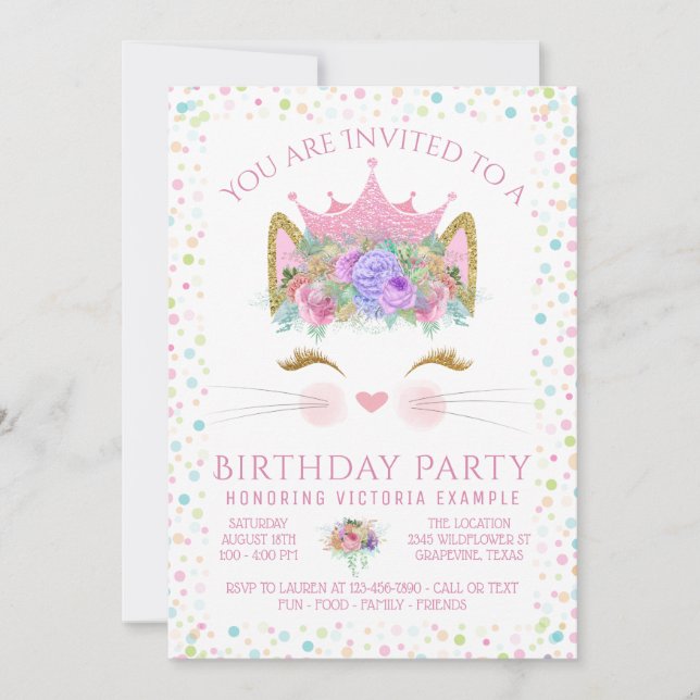 Invitación Fiesta de cumpleaños de Kitty Cat Confetti (Anverso)