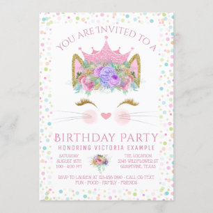 Invitación Fiesta de cumpleaños de Kitty Cat Confetti