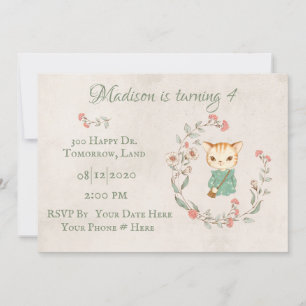 Invitación Fiesta de cumpleaños de Kitty Cat Floral Girly Kit