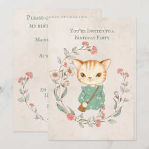 Invitación Fiesta de cumpleaños de Kitty Cat Floral Girly Kit