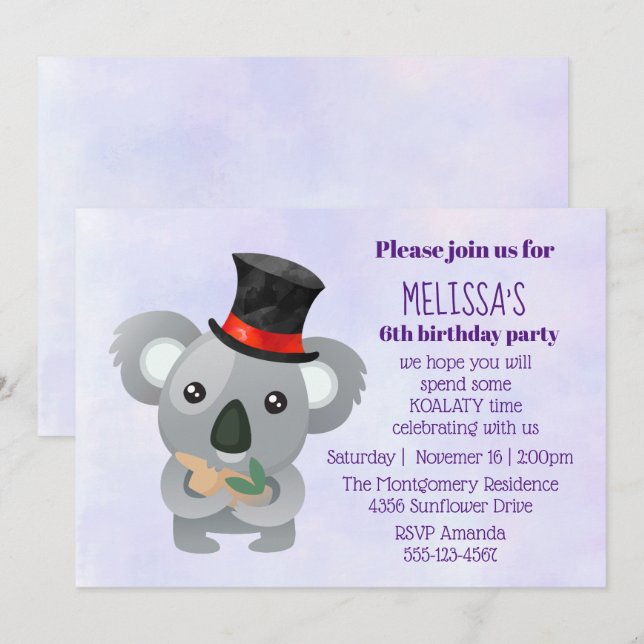 Invitación Fiesta de Cumpleaños de Koala Bonito en Sombrero d (Anverso / Reverso)